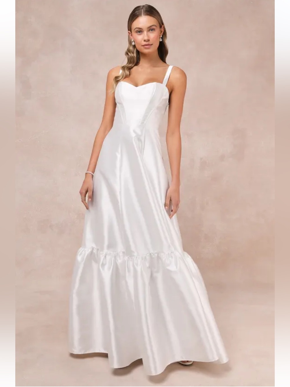 Lulu’s Luxurious Passion White Taffeta Bustier Tiered Maxi Dress Bridal